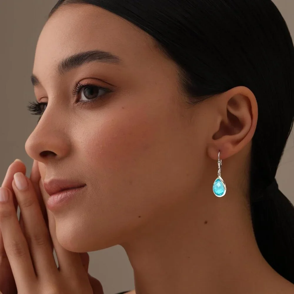 Women's Sterling Silver Drop Created Birthstone Leverback Light Blue Earring - Picture 2 of 6